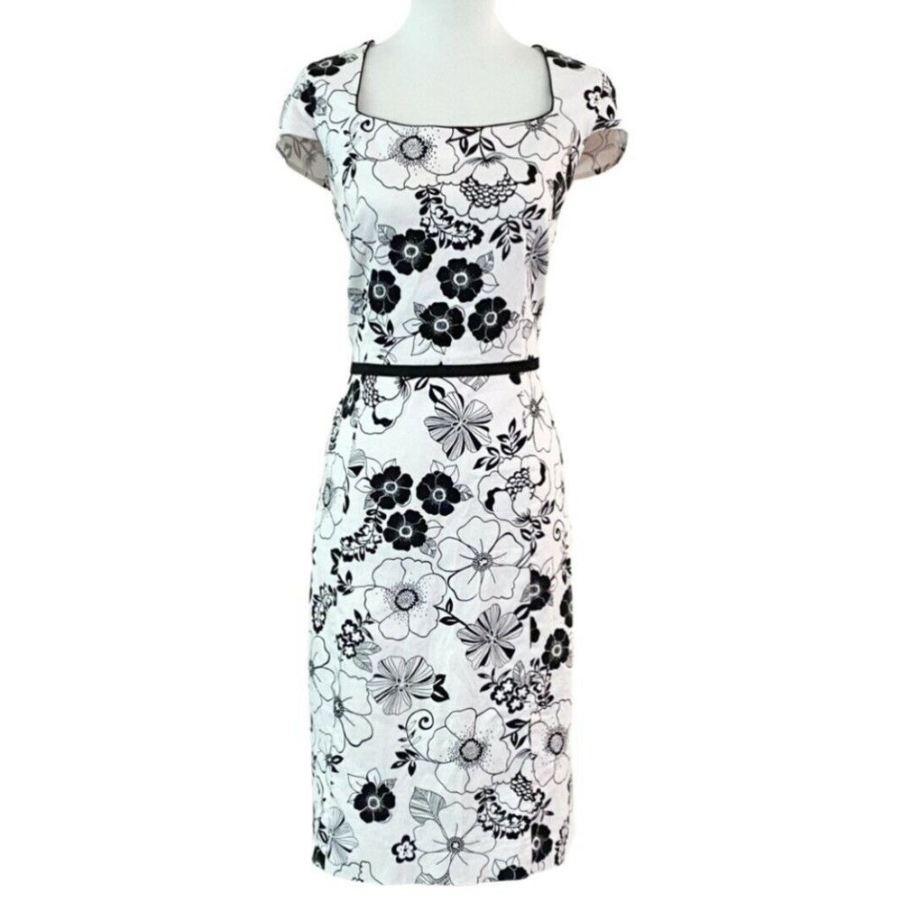 Tahari Cap Sleeve Square Neck White-Black Stencil Floral Cotton Dress Size 10 - Picture 1 of 8